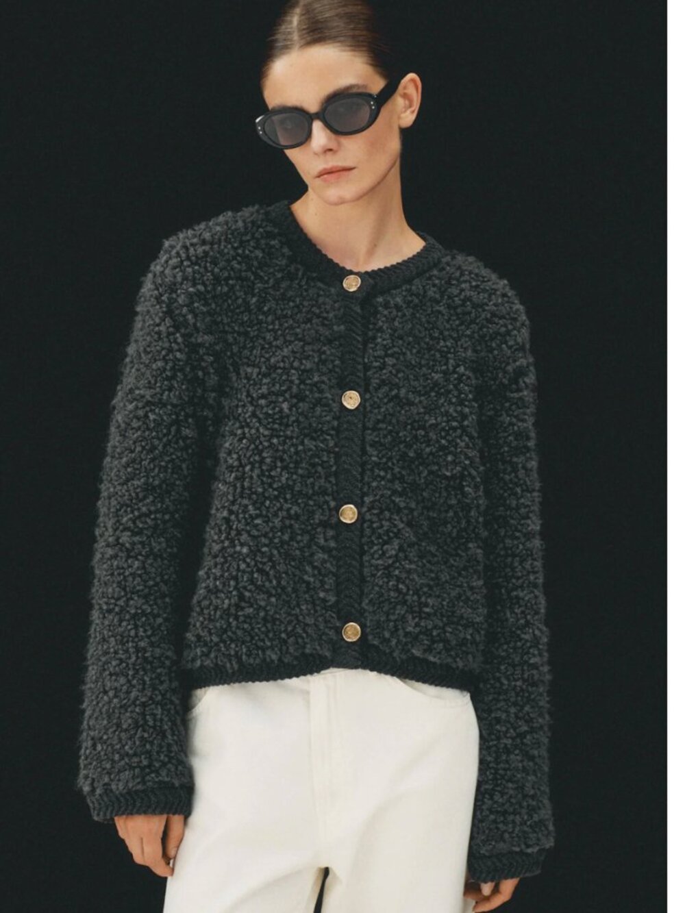 Massimo Dutti Bouclé Knit Cardigan With Buttons Dark Grey Size S